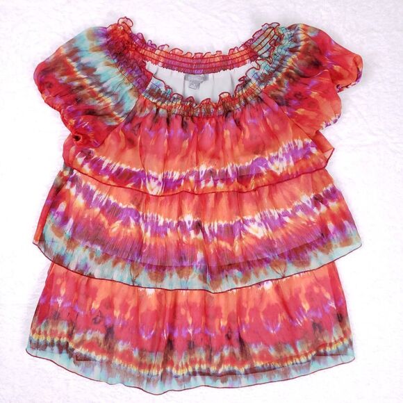 NY Collection Boho Ruffle Tiered Blouse‎ Womens M Tie Dye Sheer Festival Y2K - Picture 1 of 7